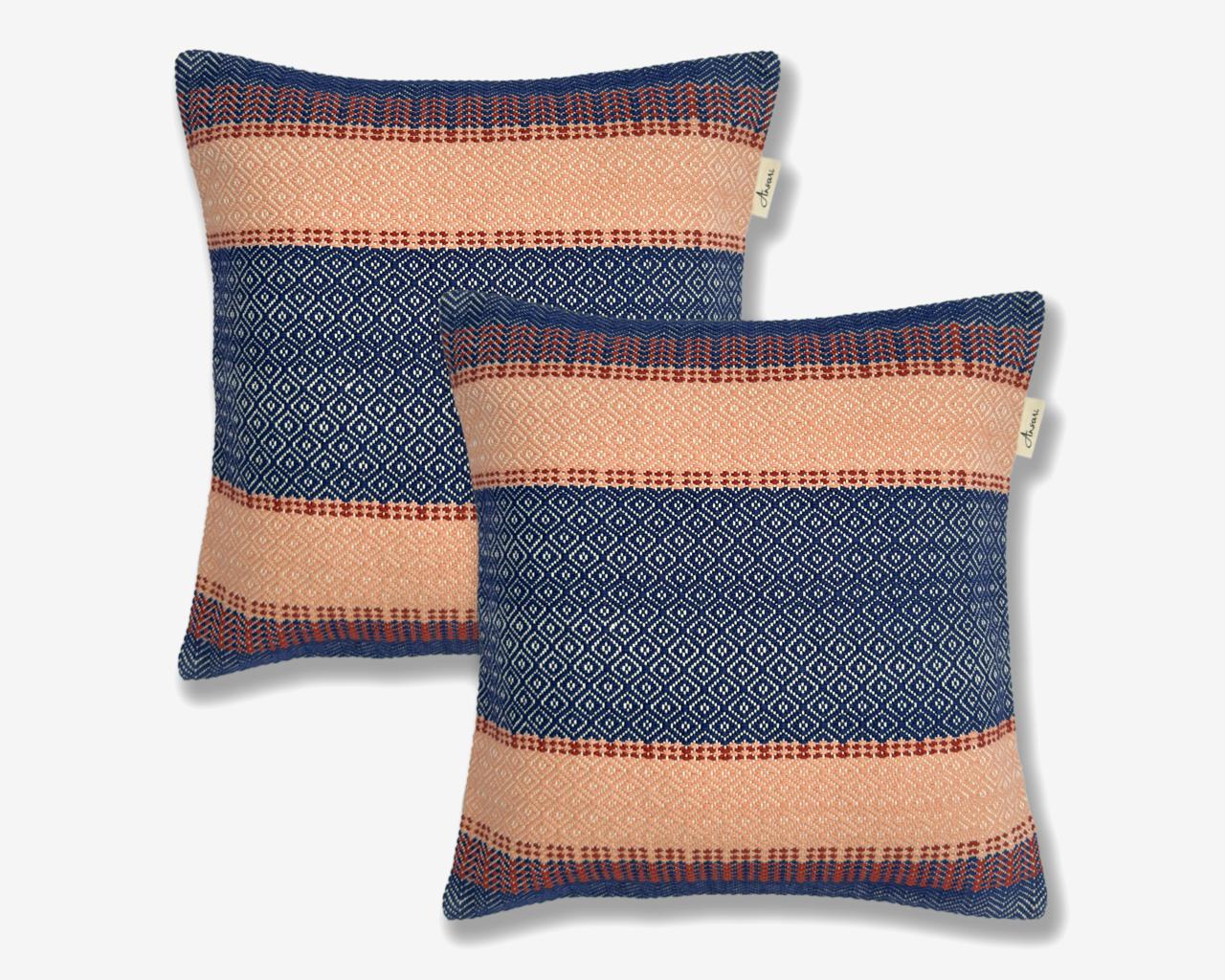Pack of 2 Hand Woven Striped Cushion Cover - Brow, Orange and Blue - Ansari LLC