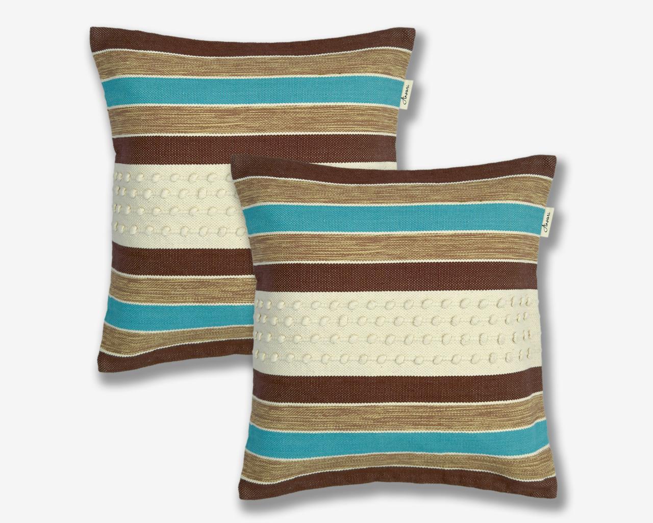 Pack of 2 Hand Woven Striped Cushion Cover - Brown, Natural and Blue - Ansari LLC